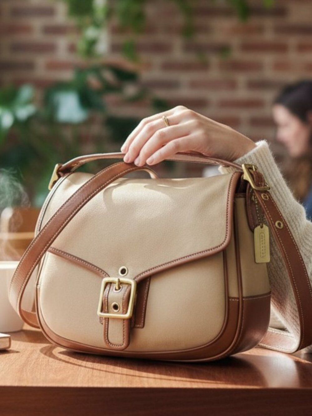 Vintage Coach Khaki Canvas Brown Leather Flap Saddle Bag Crossbody
